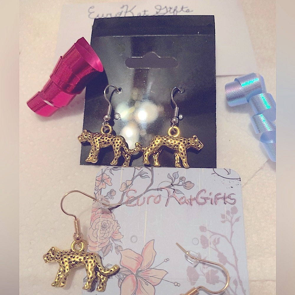 GOLD Cat Earrings Leopard Cheetah Jaquar Tiger Earrings Feline Kitty Artisan